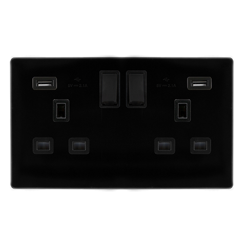 Screwless Plate Black Metal 13A 2 Gang Switched Plug Socket With 2.1A Usb Outlets - Black Trim - SE Home