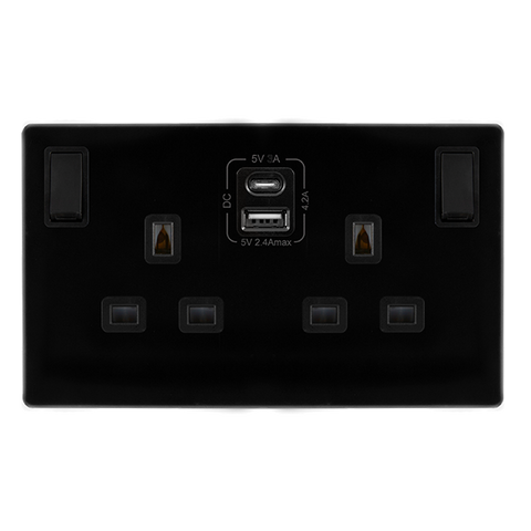 Screwless Plate Black Metal 13A 2 Gang Switched Plug Socket With Type A + C Usb - Black Trim - SE Home