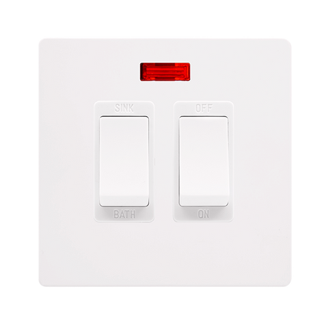 Screwless Plate White Metal 20A Sink / Bath Switch With Neon - White Trim