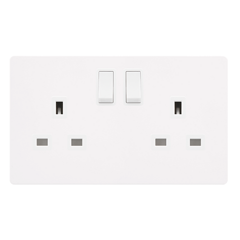 Screwless Plate White Metal 13A   2 Gang DP Switched Plug Socket - White Trim