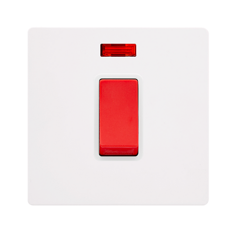 Screwless Plate White Metal 50A 1 Gang Double Pole Switch With Neon - White Trim - SE Home