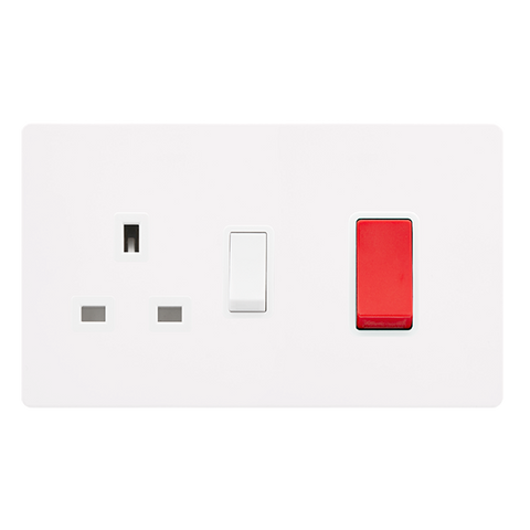 Screwless Plate White Metal 50A Double Pole Switch With 13A Double Pole Switched Plug Socket - White Trim - SE Home