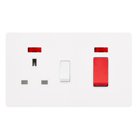 Screwless Plate White Metal 50A Double Pole Switch With 13A Double Pole Switched Plug Socket + Neon -   White Trim