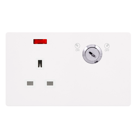 Screwless Plate White Metal 13A 1 Gang Double Pole Key Lockable Socket With Neon - White Trim