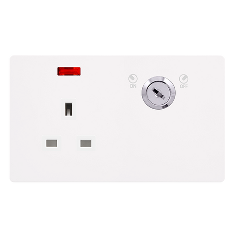 Screwless Plate White Metal 13A 1 Gang Double Pole Key Lockable Socket With Neon - White Trim - SE Home