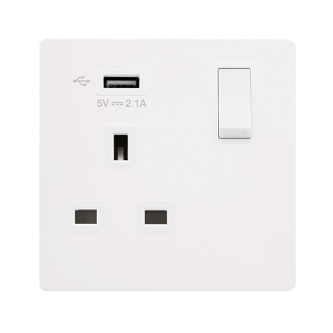 Screwless Plate White Metal 13A 1 Gang Switched Plug Socket With 2.1A Usb Outlet - White Trim - SE Home