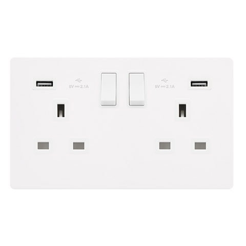 Screwless Plate White Metal 13A 2 Gang Switched Plug Socket With 2.1A Usb Outlets - White Trim - SE Home