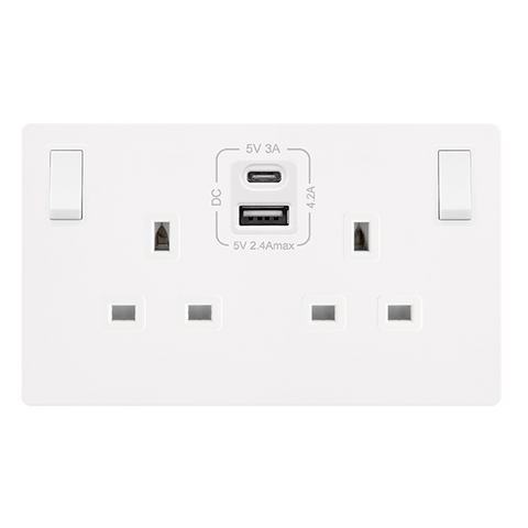 Screwless Plate White Metal 13A 2 Gang Switched Plug Socket With Type A + C Usb - White Trim - SE Home