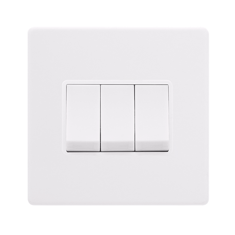 Screwless Plate Polar White 10A 3 Gang 2 Way Light Switch - White Insert - SE Home