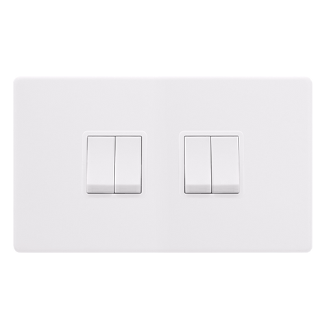 Screwless Plate Polar White 10A 4 Gang 2 Way Light Switch - White Insert - SE Home