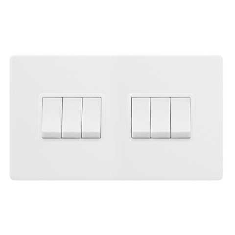 Screwless Plate Polar White 10A 6 Gang 2 Way Light Switch - White Insert - SE Home