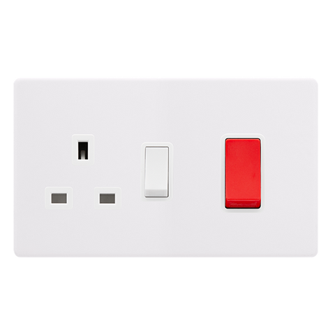 Screwless Plate Polar White 50A Double Pole Switch With 13A Double Pole Switched Plug Socket - White Insert - SE Home