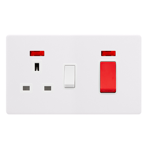 Screwless Plate Polar White 50A Double Pole Switch With 13A Double Pole Switched Plug Socket + Neon -   White Insert