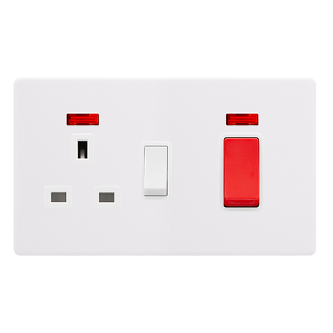 Screwless Plate Polar White 50A Double Pole Switch With 13A Double Pole Switched Plug Socket + Neon - White Insert - SE Home