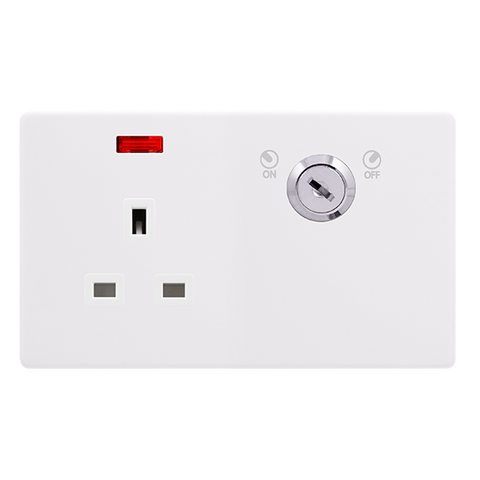 Screwless Plate Polar White 13A 1 Gang Double Pole Key Lockable Socket With Neon - White Insert - SE Home