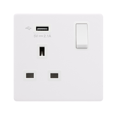 Screwless Plate Polar White 13A 1 Gang Switched Plug Socket With 2.1A Usb Outlet - White Insert - SE Home