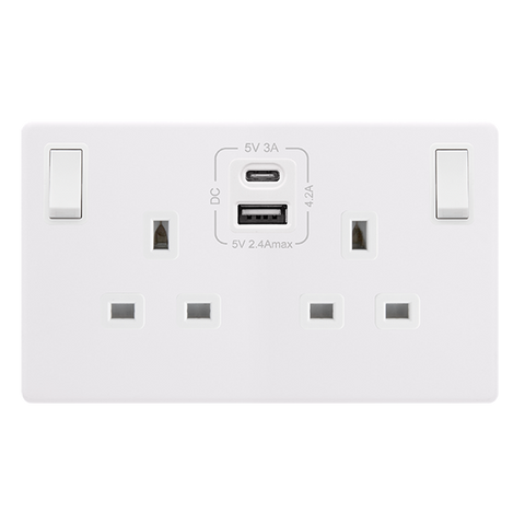 Screwless Plate Polar White 13A 2 Gang Switched Plug Socket With Type A + C Usb - White Insert - SE Home