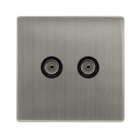 Screwless Plate Stainless Steel Twin Non-Isolated Coaxial Outlet - Black Trim - SE Home