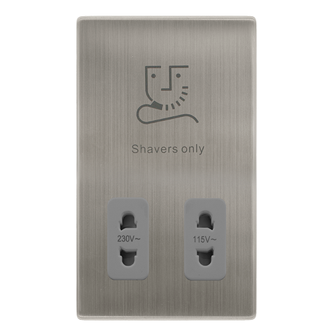 115/230V Dual Voltage Shaver Socket - Stainless Steel Cover Plate - Grey Insert - Screwless - SE Home