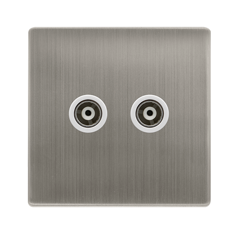 Screwless Plate Stainless Steel Twin Isolated Coaxial Outlet - White Trim - SE Home