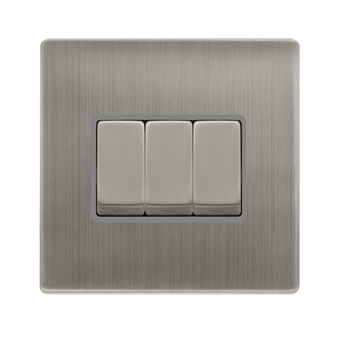 10AX Ingot 3 Gang 2 Way Switch - Stainless Steel Cover Plate - Grey Insert - Screwless - SE Home
