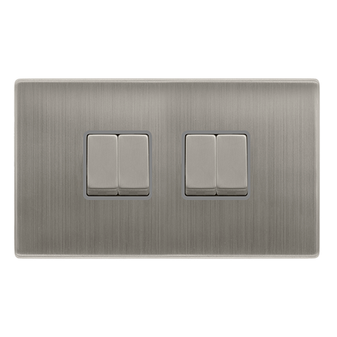 10AX Ingot 4 Gang 2 Way Switch - Stainless Steel Cover Plate - Grey Insert - Screwless