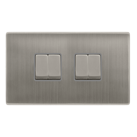 10AX Ingot 4 Gang 2 Way Switch - Stainless Steel Cover Plate - Grey Insert - Screwless - SE Home