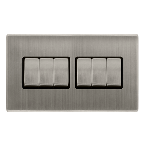 Screwless Plate Stainless Steel 10A Ingot 6 Gang 2 Way Light Switch - Black Trim