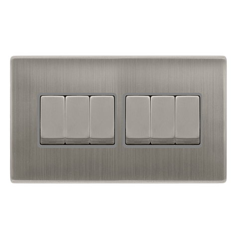 10AX Ingot 6 Gang 2 Way Switch - Stainless Steel Cover Plate - Grey Insert - Screwless - SE Home