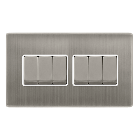 Screwless Plate Stainless Steel 10A Ingot 6 Gang 2 Way Switch - White Trim