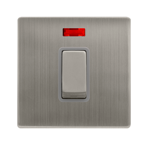 50A Ingot 1 Gang Double Pole Switch With Neon -  Stainless Steel Cover Plate - Grey Insert - Screwless