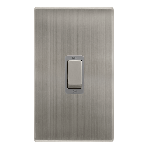 50A Ingot 2 Gang Double Pole Switch -  Stainless Steel Cover Plate - Grey Insert - Screwless