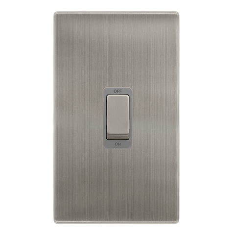 50A Ingot 2 Gang Double Pole Switch - Stainless Steel Cover Plate - Grey Insert - Screwless - SE Home