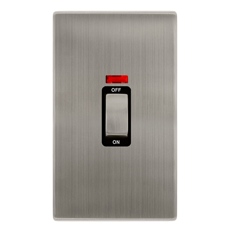 Screwless Plate Stainless Steel 50A Ingot 2 Gang Double Pole Switch With Neon - Black Trim - SE Home