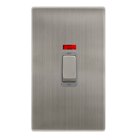 50A Ingot 2 Gang Double Pole Switch With Neon - Stainless Steel Cover Plate - Grey Insert - Screwless - SE Home