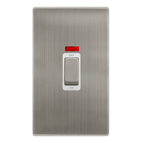 Screwless Plate Stainless Steel 50A Ingot 2 Gang Double Pole Switch With Neon - White Trim - SE Home