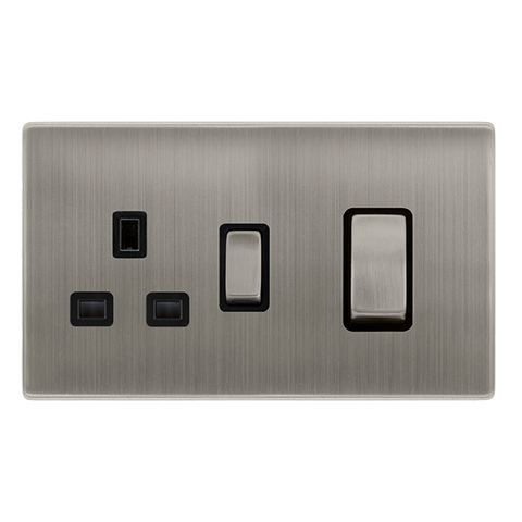 Screwless Plate Stainless Steel 50A Ingot Double Pole Switch With 13A Double Pole Switched Plug Socket -  Black Trim