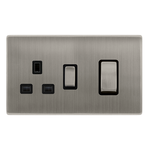 Screwless Plate Stainless Steel 50A Ingot Double Pole Switch With 13A Double Pole Switched Plug Socket - Black Trim - SE Home