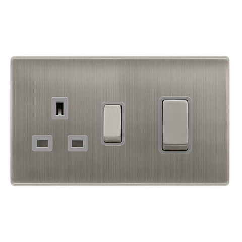 50A Ingot Double Pole Switch With 13A Double Pole Switched Socket - Stainless Steel Cover Plate - Grey Insert - Screwless - SE Home