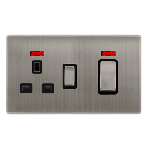 Screwless Plate Stainless Steel 50A Ingot Double Pole Switch With 13A Double Pole Switched Plug Socket + Neon - Black Trim - SE Home