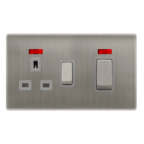 50A Ingot Double Pole Switch With 13A Double Pole Switched Socket + Neon - Stainless Steel Cover Plate - Grey Insert - Screwless - SE Home