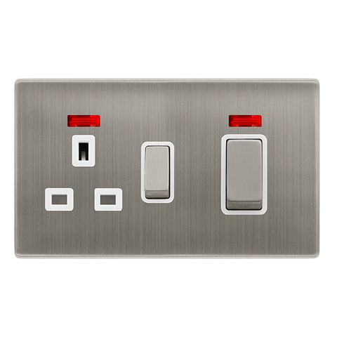 Screwless Plate Stainless Steel 50A Ingot Double Pole Switch With 13A Double Pole Switched Plug Socket + Neon - White Trim - SE Home
