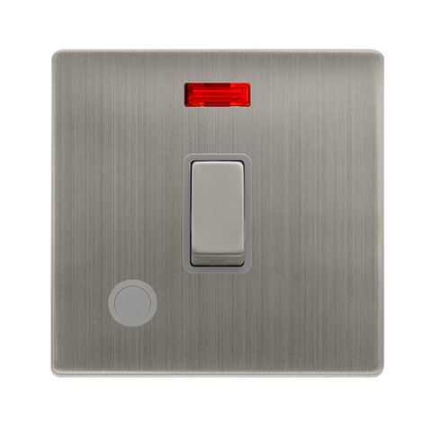 20A Ingot Double Pole Switch With Neon + Flex Outlet - Stainless Steel Cover Plate - Grey Insert - Screwless - SE Home