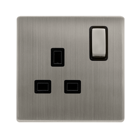 Screwless Plate Stainless Steel 13A Ingot 1 Gang DP Switched Plug Socket - Black Trim