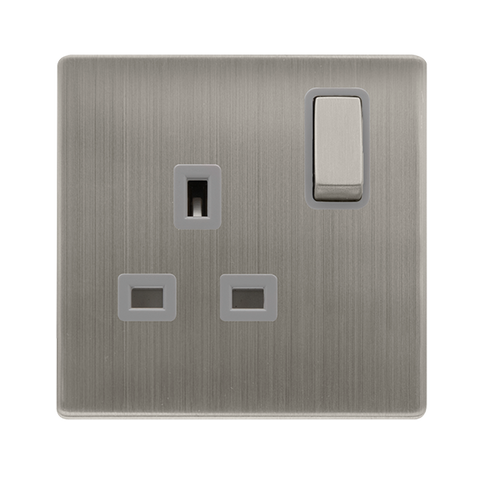 13A Ingot 1 Gang DP Switched Socket - Stainless Steel Cover Plate - Grey Insert - Screwless - SE Home