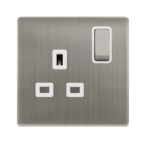 Screwless Plate Stainless Steel 13A Ingot 1 Gang DP Switched Plug Socket - White Trim