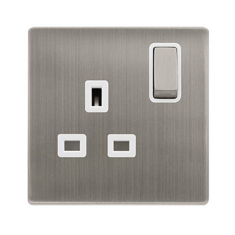 Screwless Plate Stainless Steel 13A Ingot 1 Gang DP Switched Plug Socket - White Trim - SE Home