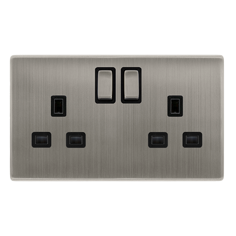 Screwless Plate Stainless Steel 13A Ingot 2 Gang DP Switched Plug Socket - Black Trim - SE Home