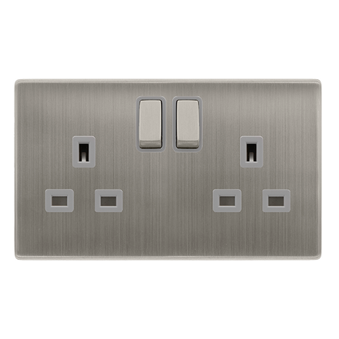 13A Ingot 2 Gang DP Switched Socket - Stainless Steel Cover Plate - Grey Insert - Screwless - SE Home