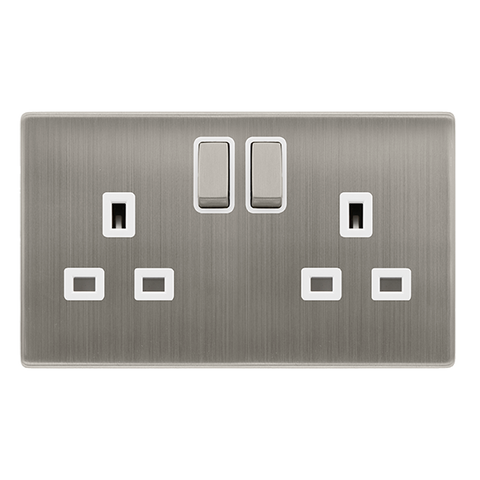 Screwless Plate Stainless Steel 13A Ingot 2 Gang DP Switched Plug Socket - White Trim - SE Home